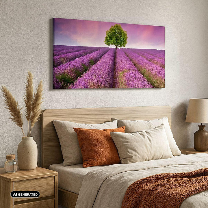 Wandbilder Dekoration Wohnzimmer Wiese lavenda Sommer Landschaft Panorama Bilder auf Leinwand 120x50