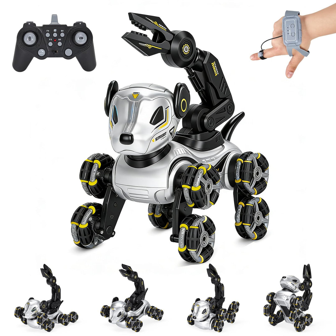 Roboter Hund Kinder – Interaktiver RC Roboterhund mit Gestensteuerung Uhr, Greifarm, 8-Rad Stunts, L