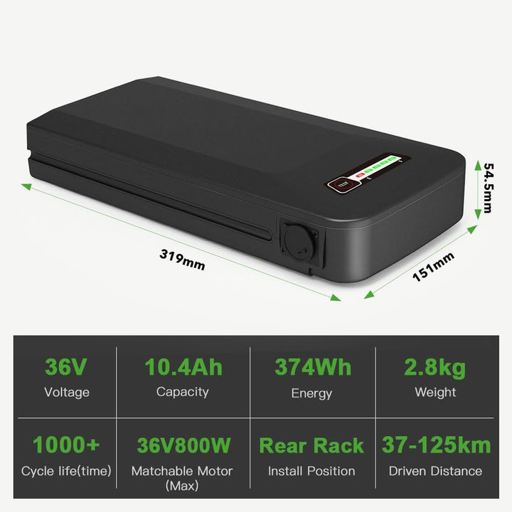 E-Bike Batterie 36V 10,4Ah Li-ion Akku Gepäckträgerbatterie YJ156 Passend für Samsung SDI3610E & BLA
