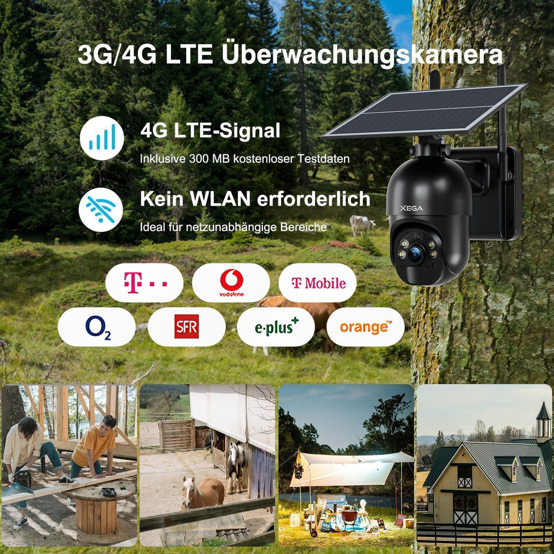 Xega 3G/4G LTE Überwachungskamera Aussen mit SIM Karte Kabellos Solar PTZ IP Kamera Outdoor mit 2K F