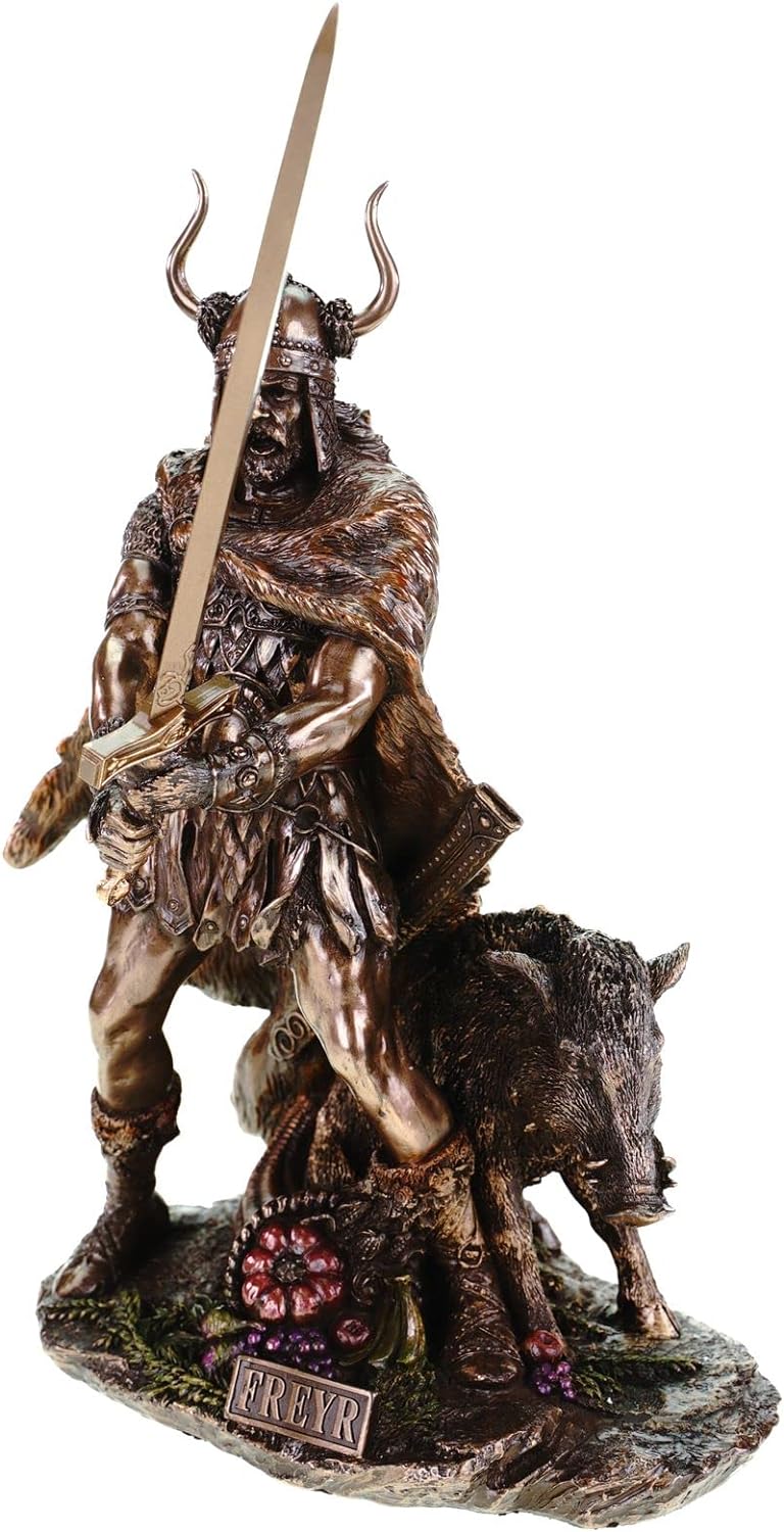 Unbekannt Frey germanischer Gott mit Eber bronziert 38 cm Freyr Freya Figur Odin Skulptur