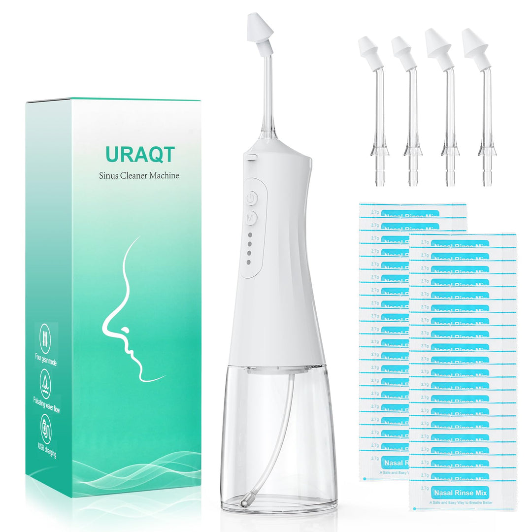 URAQT Elektrisch Nasendusche, Elektrischer Neti Pot für Erwachsene und Kinder, mit 4 Ersatzköpfe und