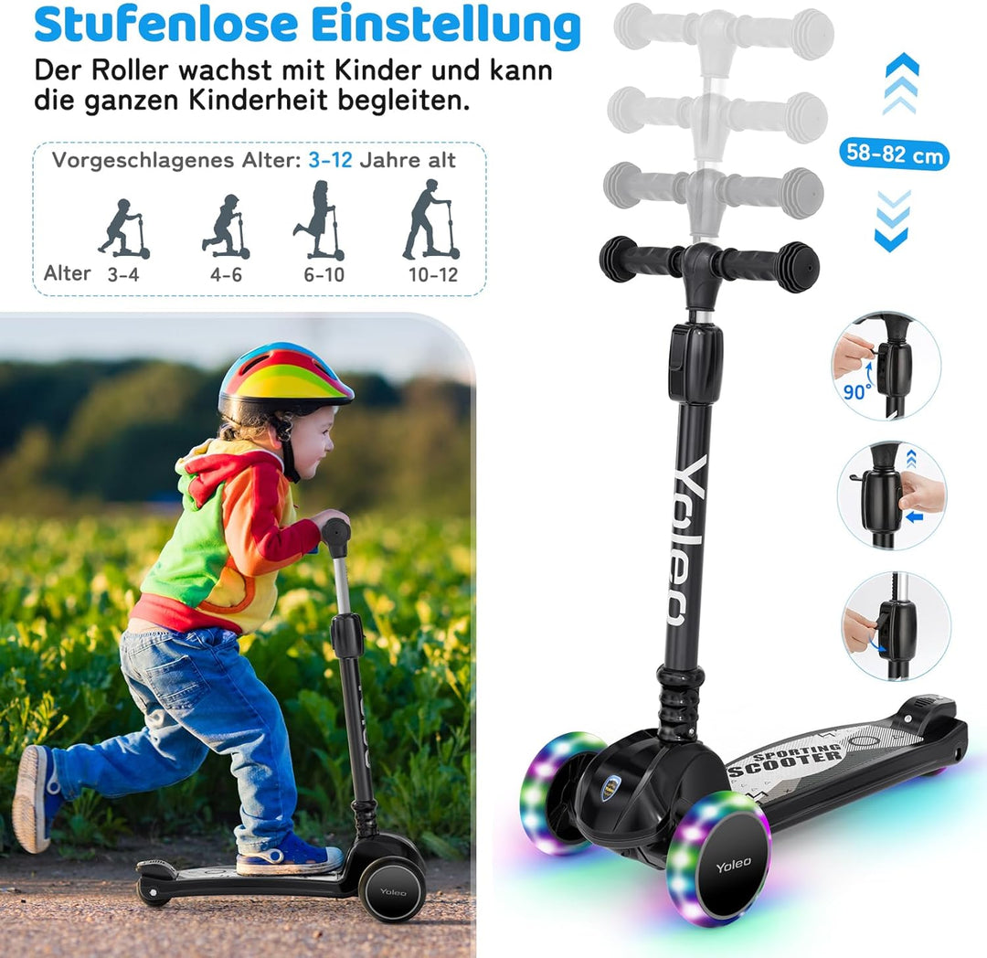 YOLEO Kinderoller Kinderscooter Dreiradscooter mit LED Räder, 2-Rädern Hinterbremsen,4 Höhenverstell