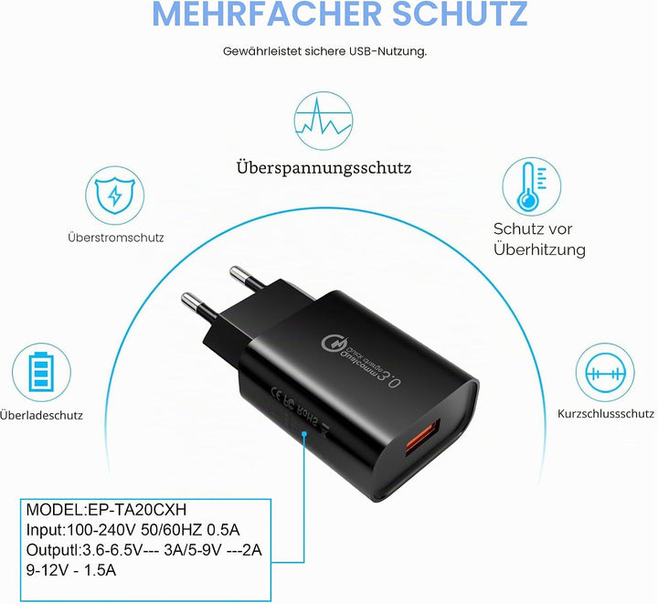 4 Stück USB Ladegerät Stecker, 18W Quick Charge 3.0 Schnellladegerät Netzteil 3A Ladeadapter für Sam