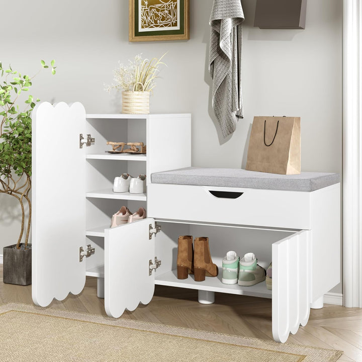 Merax Schuhschrank mit Sitzbank, Schuhbank mit Stauraum, 3 Stauraumtüren und 1 Schublade, gepolstert
