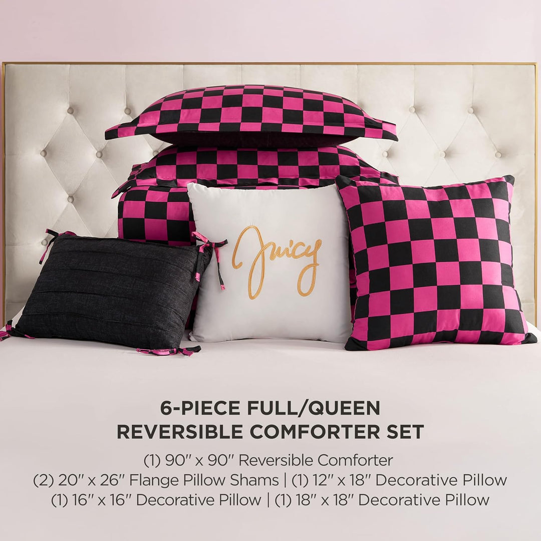 Juicy Couture-Wende-Steppdecken-Set, Schachbrettmuster, 6-teilig, Doppelbett-/Queen-Size-Bett-Set, S