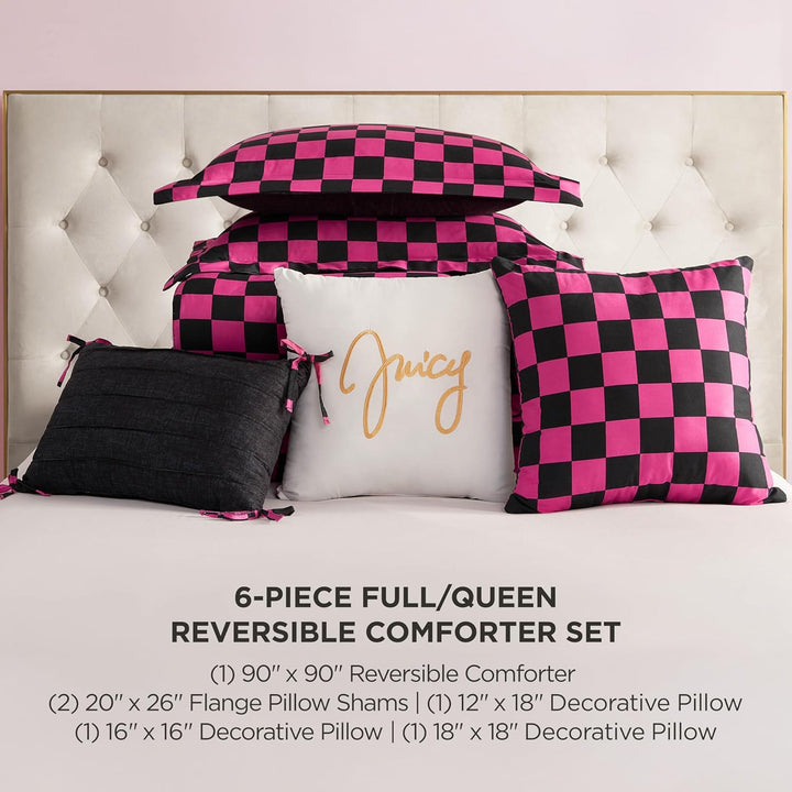 Juicy Couture-Wende-Steppdecken-Set, Schachbrettmuster, 6-teilig, Doppelbett-/Queen-Size-Bett-Set, S