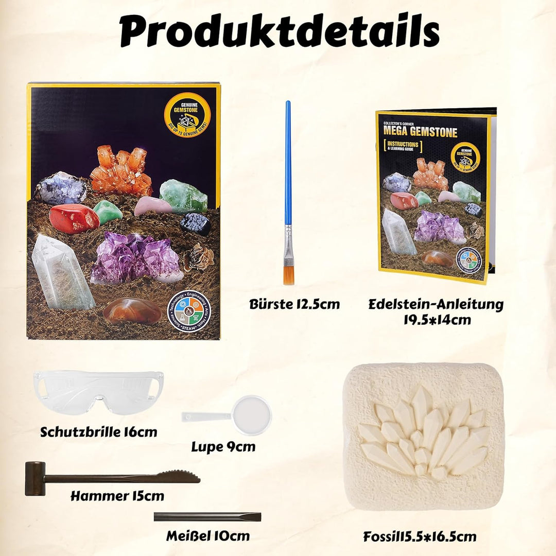 Ausgrabungsset für Kinder, 15+ Edelsteine & Kristalle, Komplettes Entdeckungs-Set mit Detailliertem