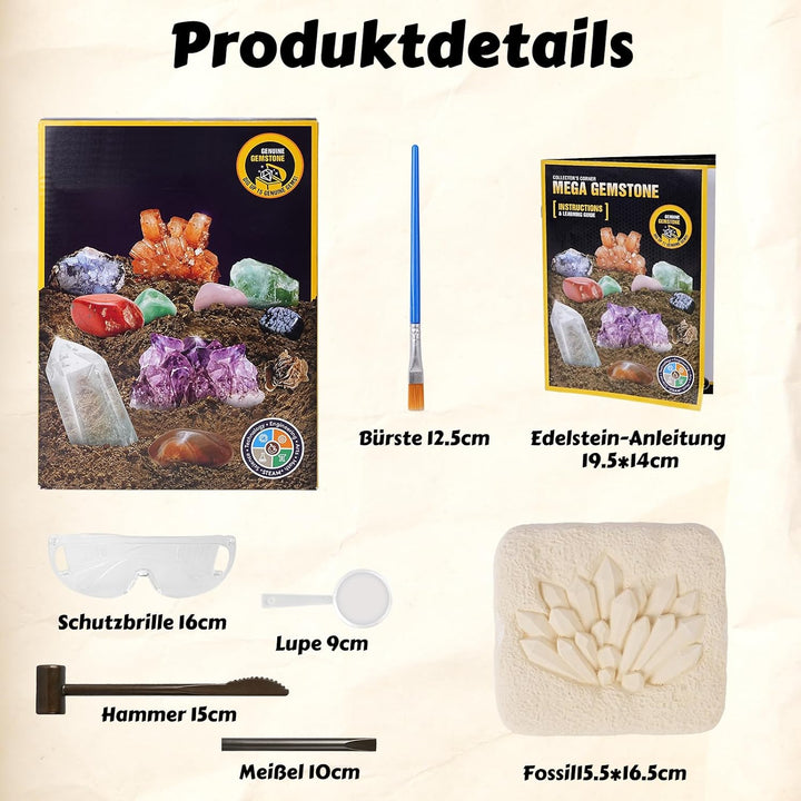 Ausgrabungsset für Kinder, 15+ Edelsteine & Kristalle, Komplettes Entdeckungs-Set mit Detailliertem
