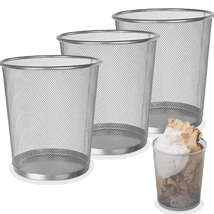 SENENQU 3 Stück Papierkorb Büro Metall, 12L Büro Mülleimer Silber Metall Gitter, Kleine Papierkorb M