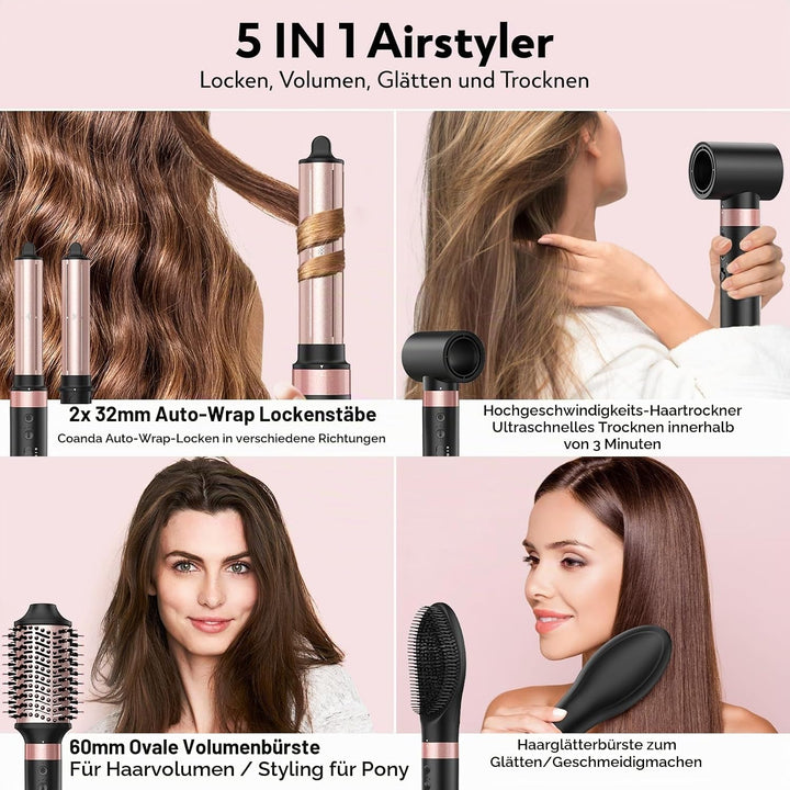 Slopehill Airstyler 5 IN 1, Ionen Föhn 110000 U/Min, Multifunktionaler Hairstyler, Lockenstab Automa