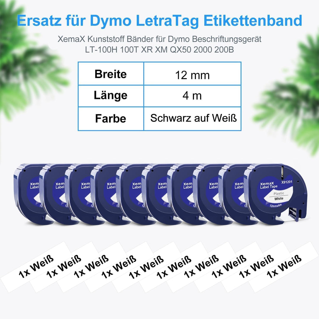 10x XemaX Etiketten Kompatibel für Dymo Letratag Etikettenband 91201 91221 S0721660 12mm x 4m Band S