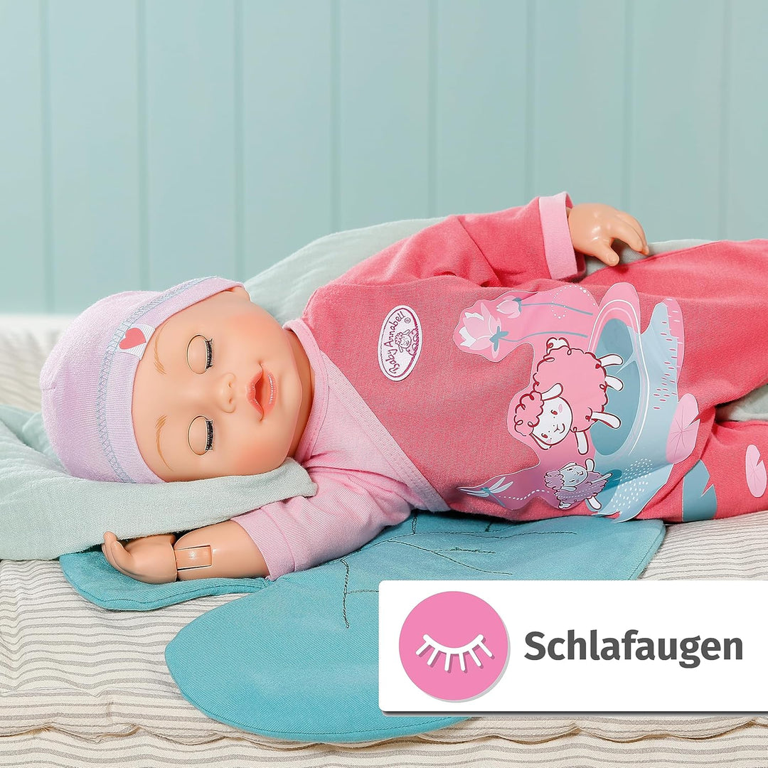 Baby Annabell Emily lauf mit Mir 43cm, Krabbel- und Lauflernpuppe mit Soundfunktion, rosa Strampler