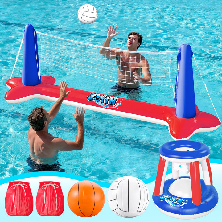 JOYIN Aufblasbare Pool Float Set, Volleyballnetz & Basketballkörbe & Bälle für Kinder und Erwachsene