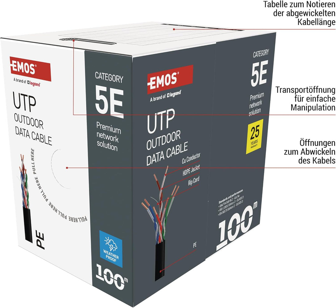 EMOS - UTP Netzwerkkabel CAT 5e, 100m, PE - CAT5e-Patchkabel UTP - Gigabit LAN Kabel - ungeschirmtes