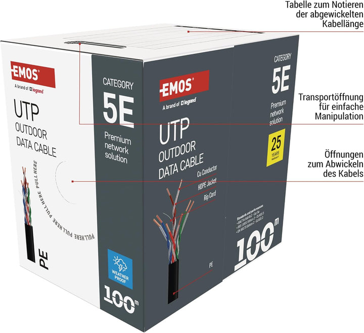 EMOS - UTP Netzwerkkabel CAT 5e, 100m, PE - CAT5e-Patchkabel UTP - Gigabit LAN Kabel - ungeschirmtes