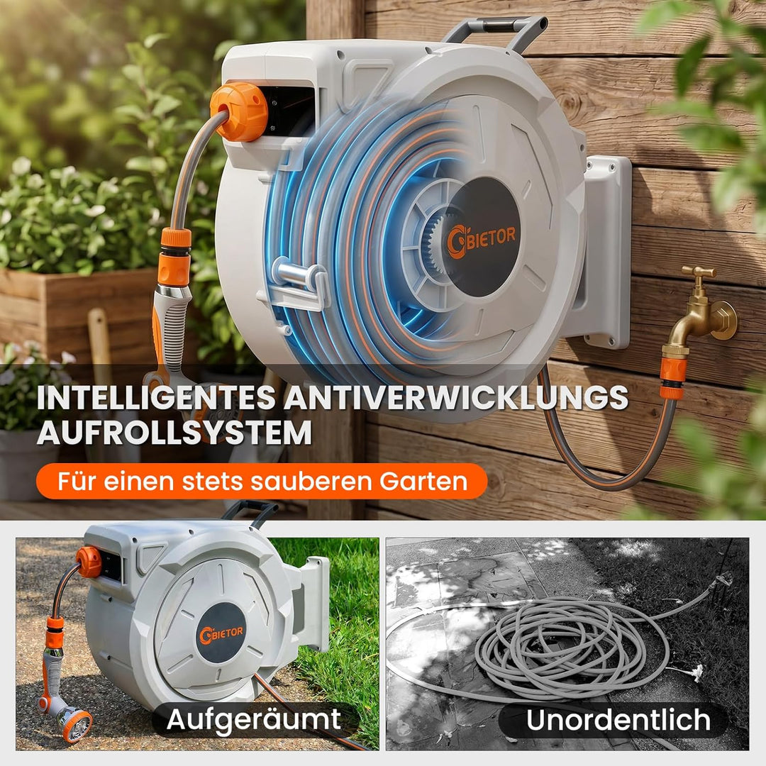 Schlauchtrommel Wasser 45m + 2m, 180° Schwenkbar Wand-Schlauchbox, Automatischer Gartenschlauch trom