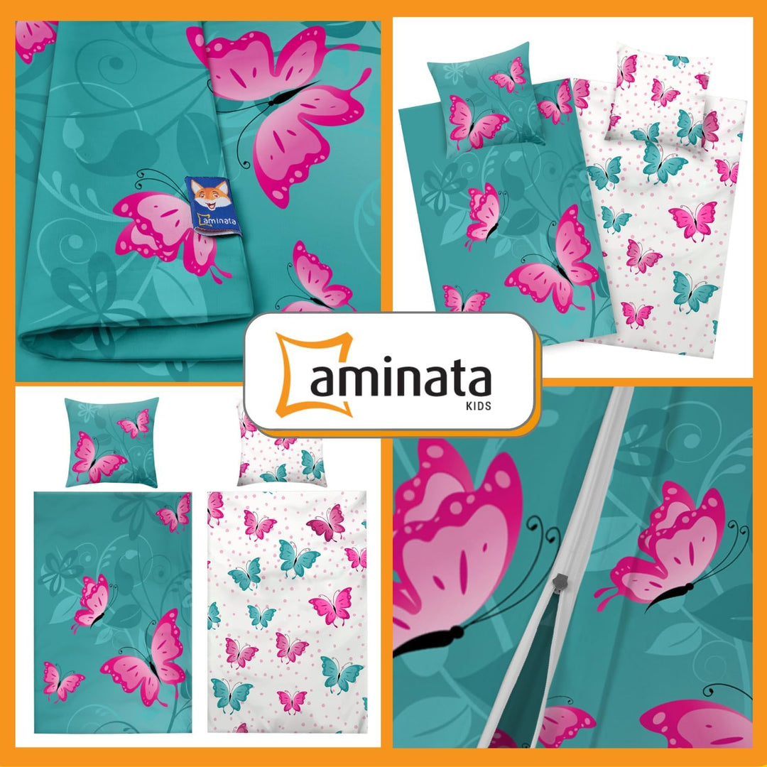 Aminata kids Bettwäsche 135x200 Schmetterling Kinder Mädchen Baumwolle Schmetterlinge türkis grün |