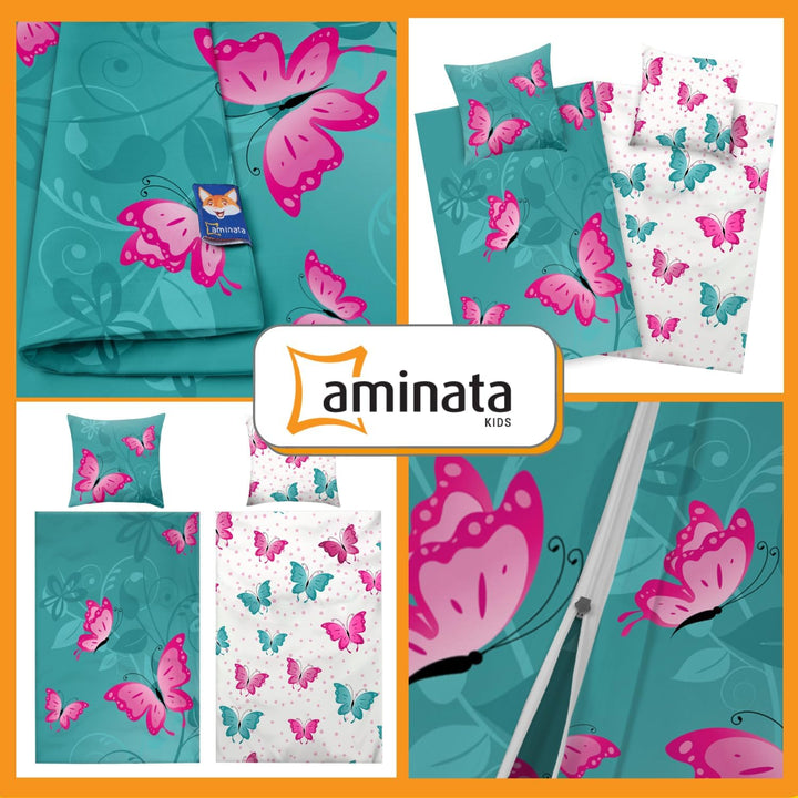 Aminata kids Bettwäsche 135x200 Schmetterling Kinder Mädchen Baumwolle Schmetterlinge türkis grün |