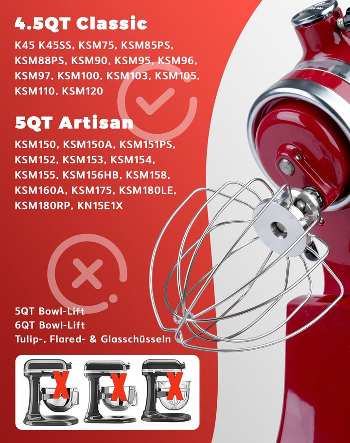 6-Draht Schneebesen für KitchenAid 4.5-5QT Kippkopf-Mixer – Edelstahl Ersatz für K45WW, K45, KSM75,