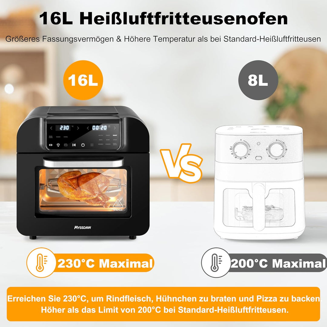 16L Heissluftfritteuse mit Rotisserie Grosse Kapazität Bis zu 230°C 12 smarte Kochfunktionen Air Fry