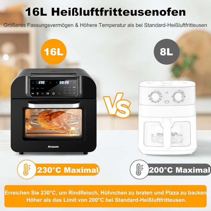 16L Heissluftfritteuse mit Rotisserie Grosse Kapazität Bis zu 230°C 12 smarte Kochfunktionen Air Fry
