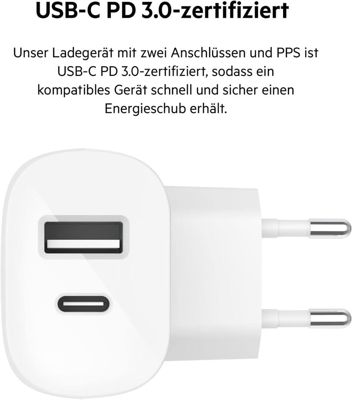Belkin USB-C PPS PD Handy-Ladegerät, 37 W, mit 2 Anschlüssen, Power Delivery, 25-W-USBC- und 13-W-US