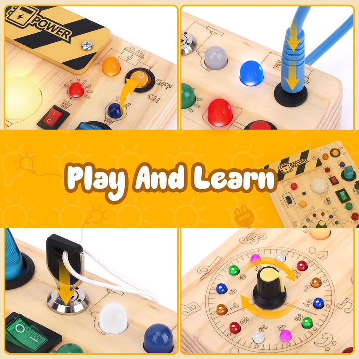 Konijiwa Montessori Busy Board 1 Jahr alt Kinder Activity Board Holzspielzeug mit 8 LED-Lichtschalte