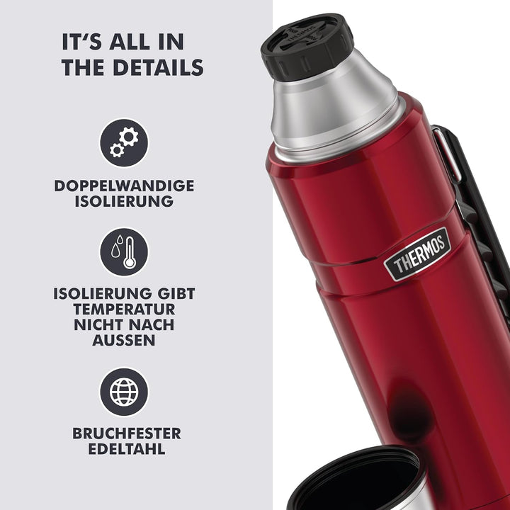 Thermos Stainless King Thermosflasche rot 1,20l - Edelstahl, absolut dicht, mit Trinkbecher und Grif
