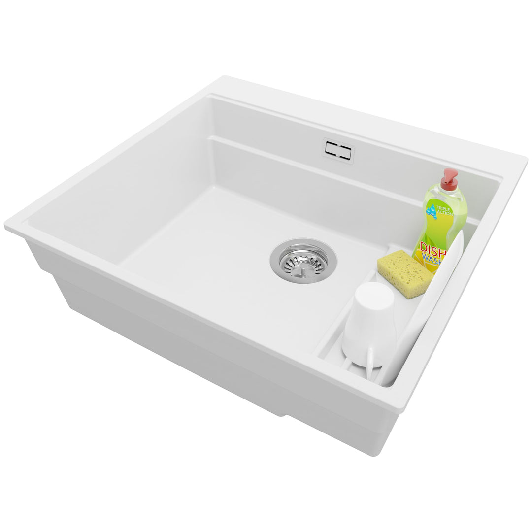PRIMAGRAN Spülbecken Weiss 58x53cm, Granitspüle 1 Becken + Ablauf-Set, Küchenspüle ab 60er Unterschr