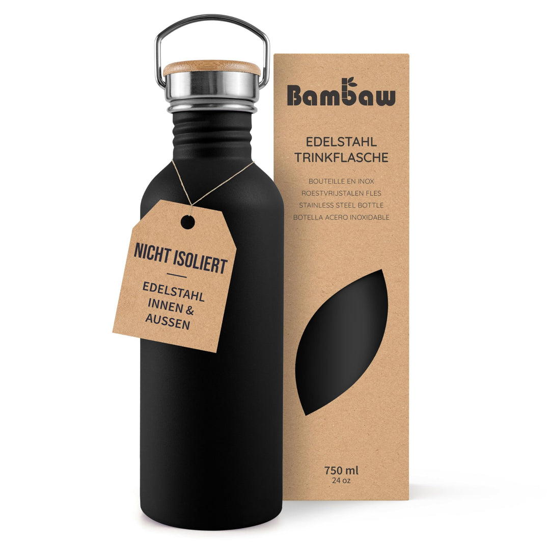 Bambaw Trinkflasche 750ml Edelstahl, Nicht-isolierte Trinkflasche Schwarz, Trinkflasche Auslaufsiche
