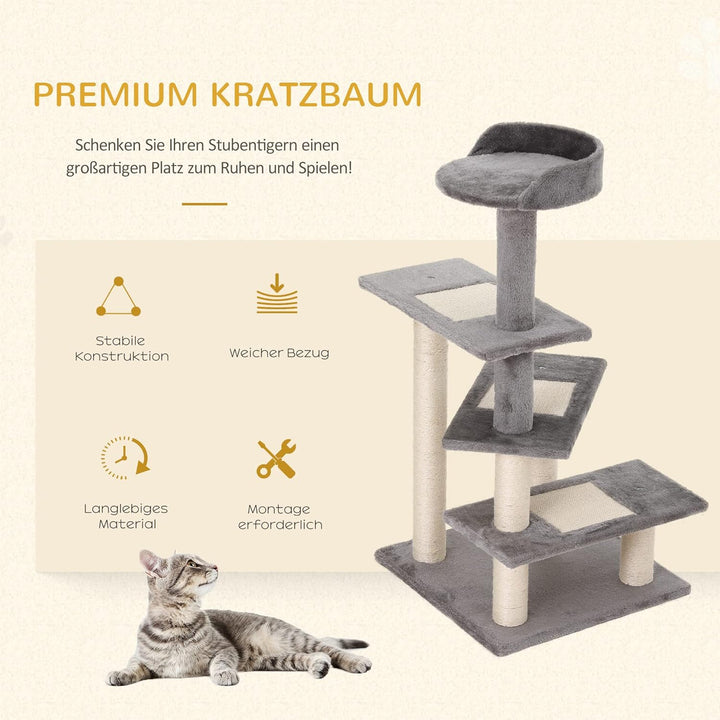 PawHut Kratzbaum 100 cm mit Sisalstämme für kleine Katzen Beige+Grau | Grosse Plattform, Mehrstöckig