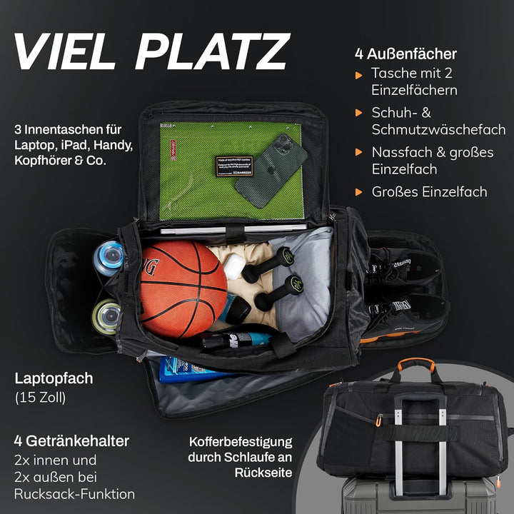Sporttasche [RECYCELTES PET] 50L – Gym Bag und Rucksack in Einem – wasserdichte Trainingstasche Herr