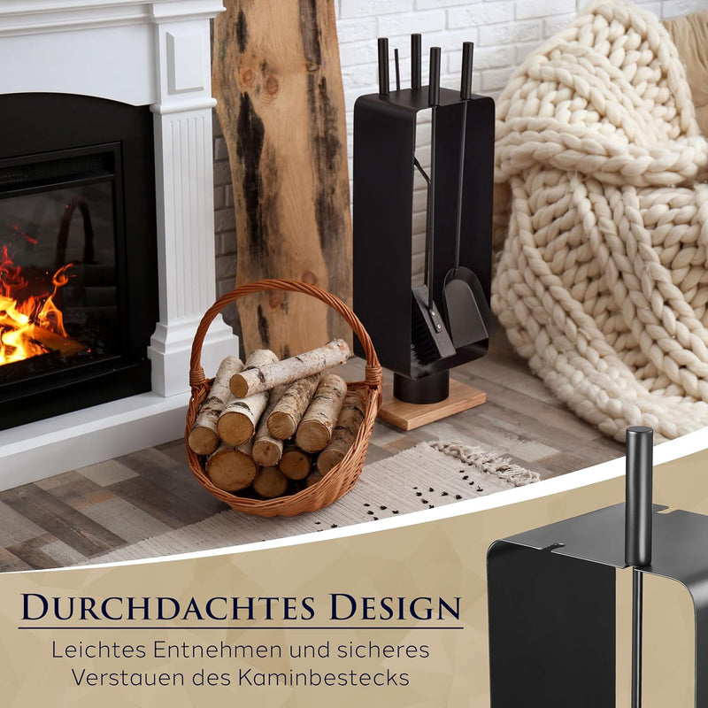 Kaminbesteck modern - Kamingarnitur schwarz mit Besen, Schaufel und Schürhaken - hochwertiger Ofenbe