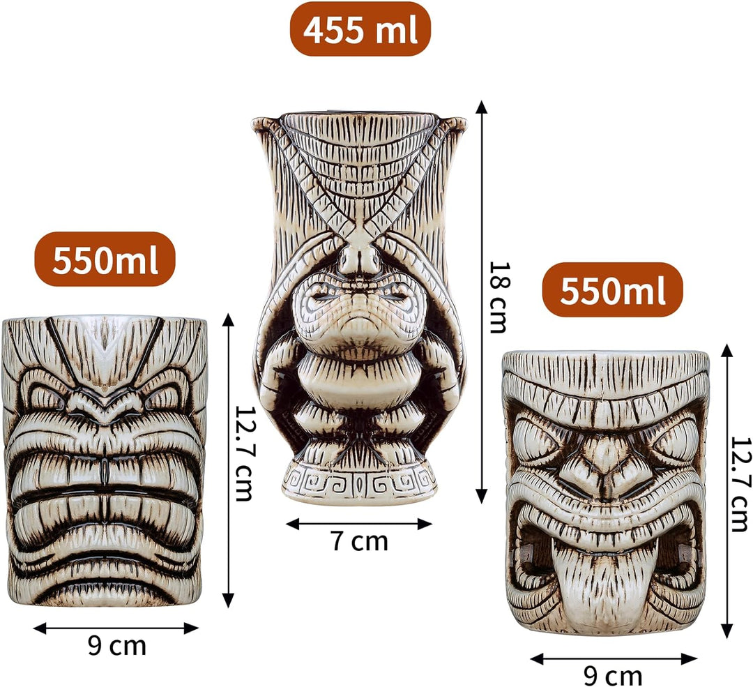 Tiki Becher Set Tiki Cocktail Gläser, Set Mit 3 Keramik-Tassen für Exotische Party,Tiki Bar, Keramik
