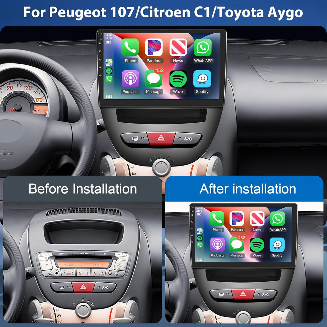 Podofo 10,1 Zoll Autoradio für Peugeot 107/Citroen C1/Toyota Aygo, kabelloses Carplay, Android Auto,