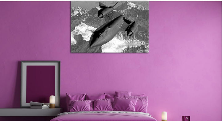schwarzer Jet über den Bergen Effekt: Schwarz/Weiss im Format: 80x60 als Leinwandbild, Motiv fertig