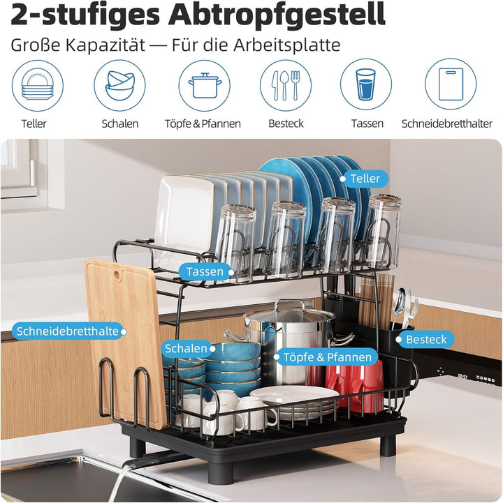 MAJALiS Abtropfgestell Geschirr, 2-Stufiges Geschirrabtropfgestell mit Abtropfschale und Abtropfmatt
