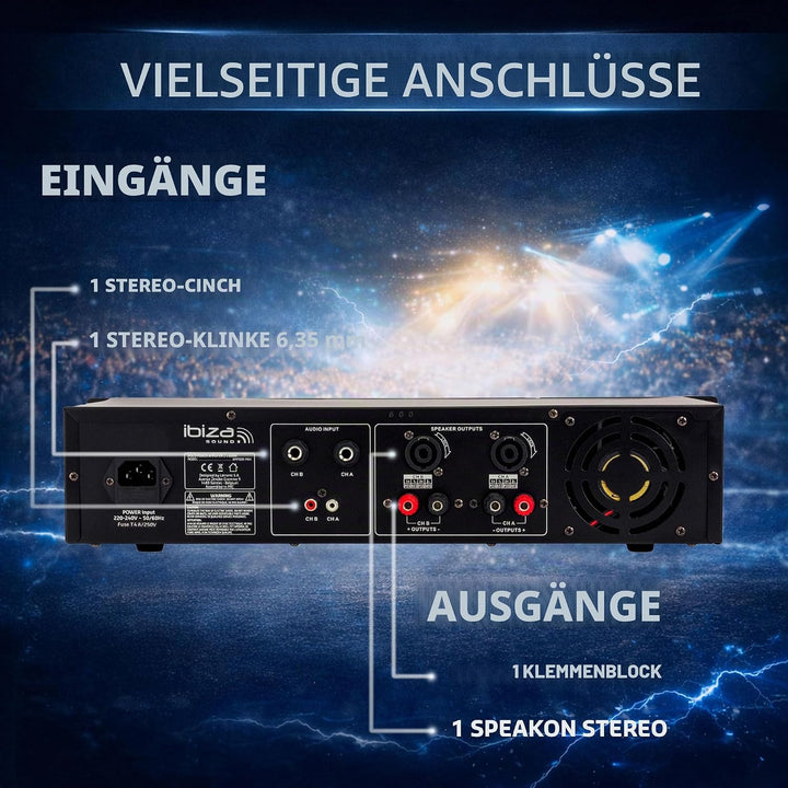 Ibiza - AMP600-MKII - Professioneller PA-Verstärker 2x480W mit RCA/Klinke Eingängen und Speakon/Born