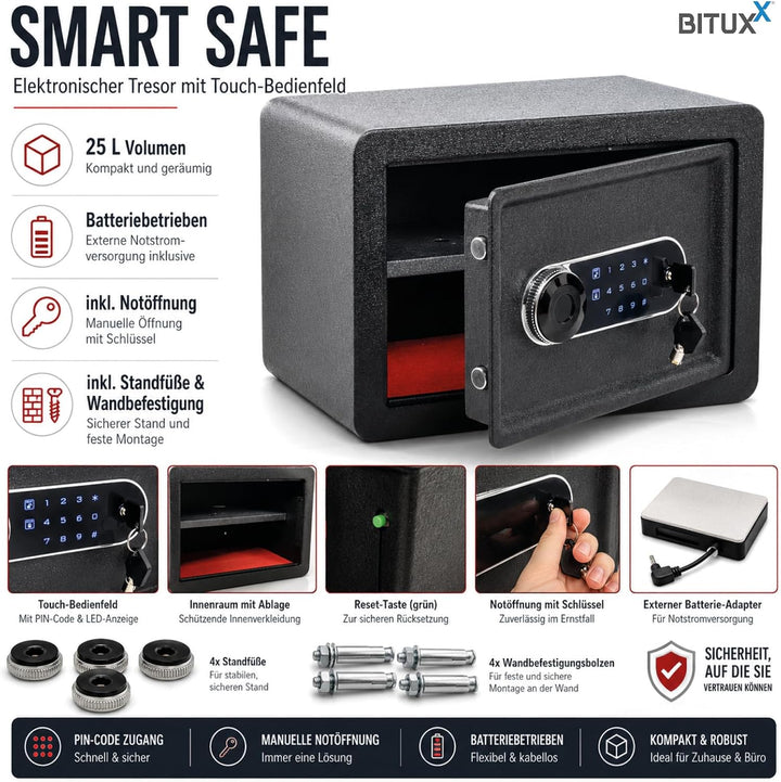 Bituxx Elektronischer Smart Tresor Safe Möbeltresor Wandtresor mini klein 25L mit Touch-Bedienfeld,