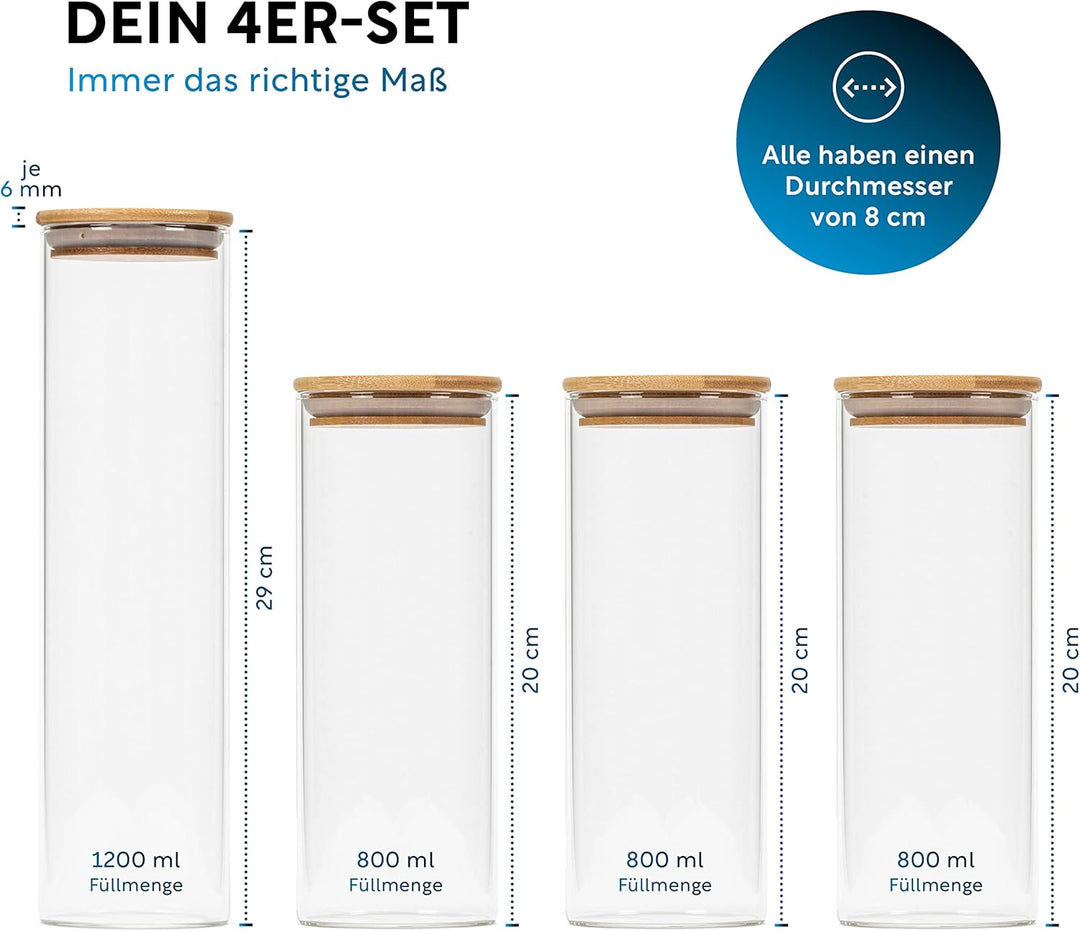 Vorratsgläser mit Deckel, Rund - 4er Set - 1x 1200ml & 3x 800ml, Erhöhte Glasstärke, Vorratsdosen mi