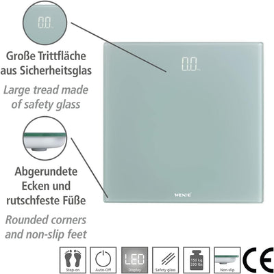 WENKO Personenwaage LED, präzise, Digitale Körperwaage aus Sicherheitsglas mit automatischer EIN-/Au