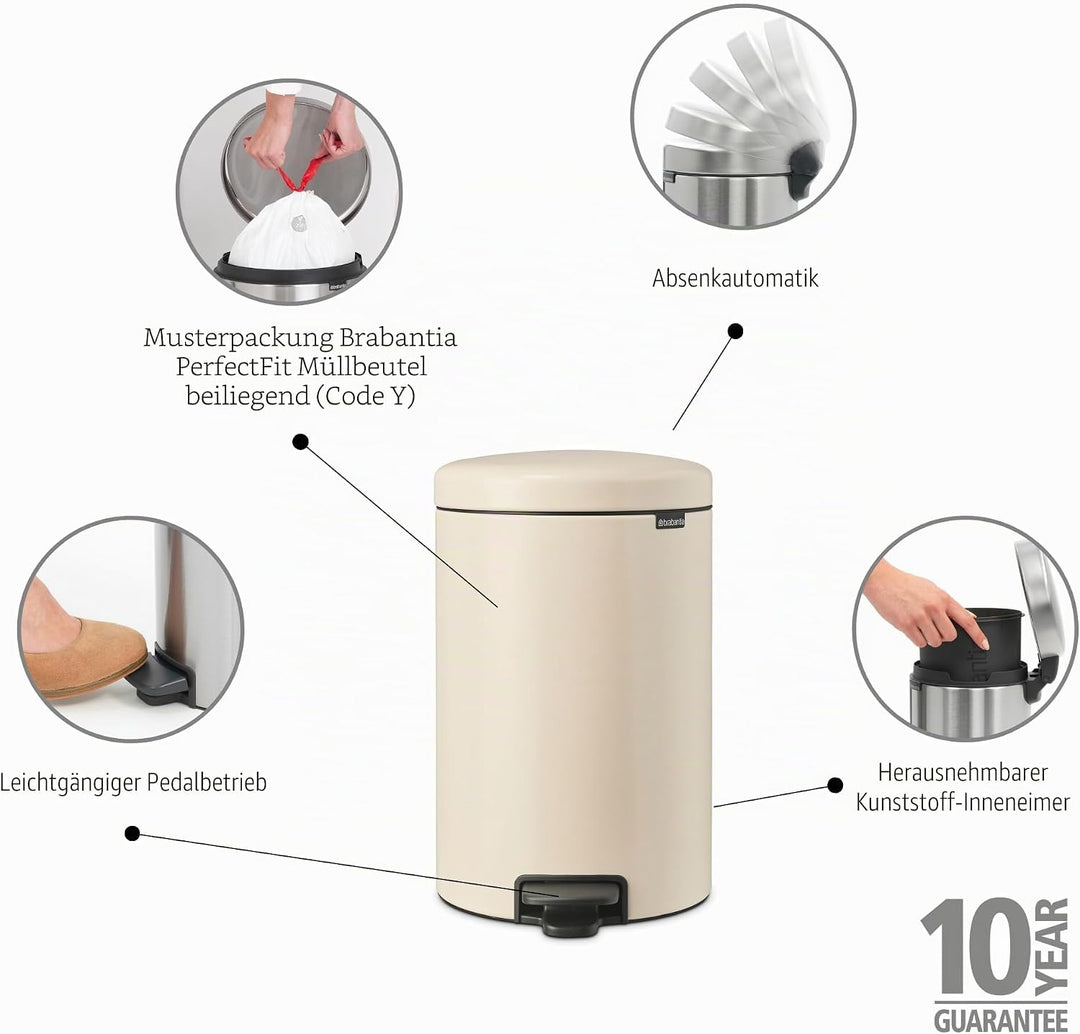 Brabantia - NewIcon Treteimer 20L - Medium Abfalleimer für Küche oder Schlafzimmer - Sanft Schliesse