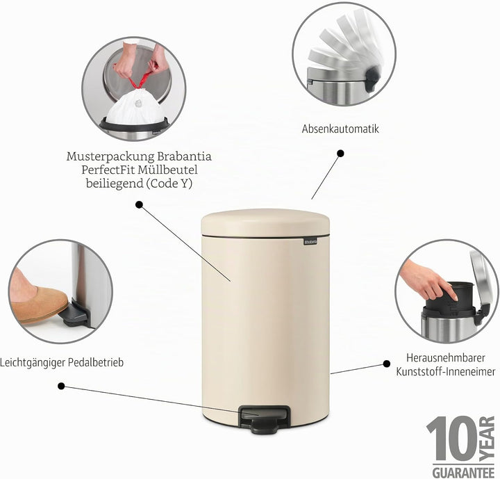 Brabantia - NewIcon Treteimer 20L - Medium Abfalleimer für Küche oder Schlafzimmer - Sanft Schliesse