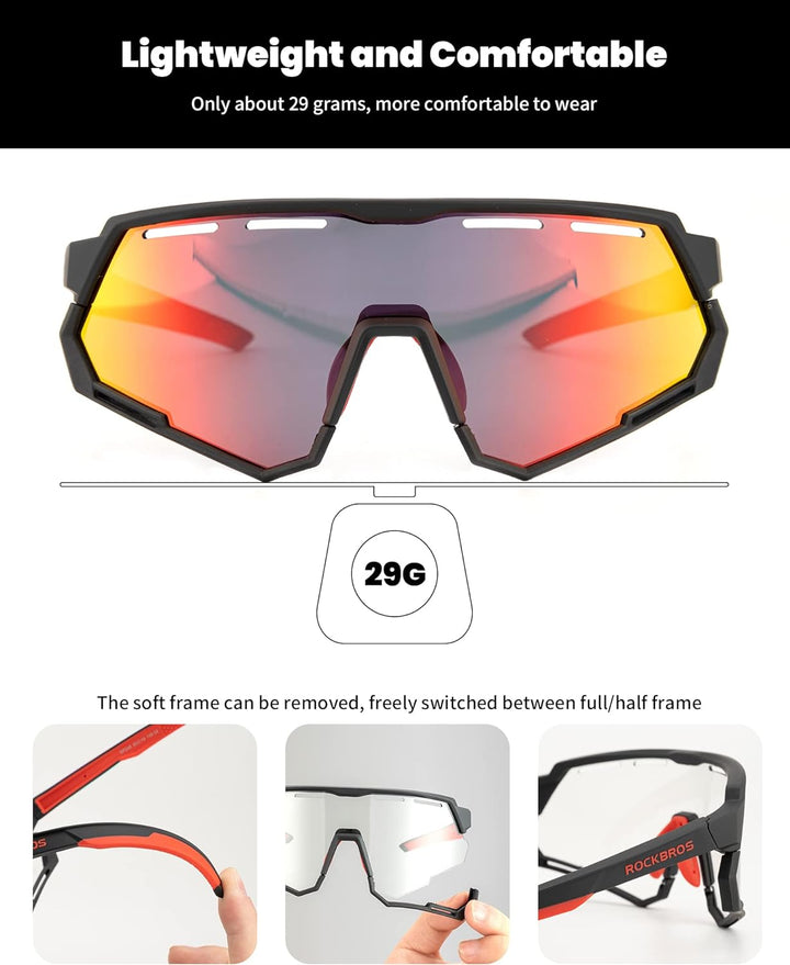 ROCKBROS Fahrradbrille 2 in 1 Sportbrille Polarisierte/Photochrome Brille UV-Schutz Damen Herren Son