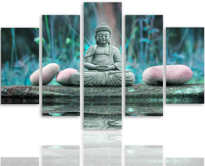 Feeby Leinwandbild 5 Teilig Buddha Bild Wanddeko Natur Wasser Steine Zen blau 150x100 cm Leinwandbil