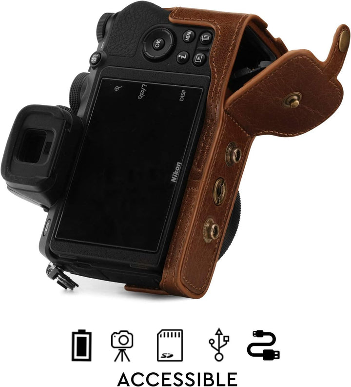 MegaGear Kameratasche aus echtem Leder, kompatibel mit Nikon Z50 (16–50 mm), Braun