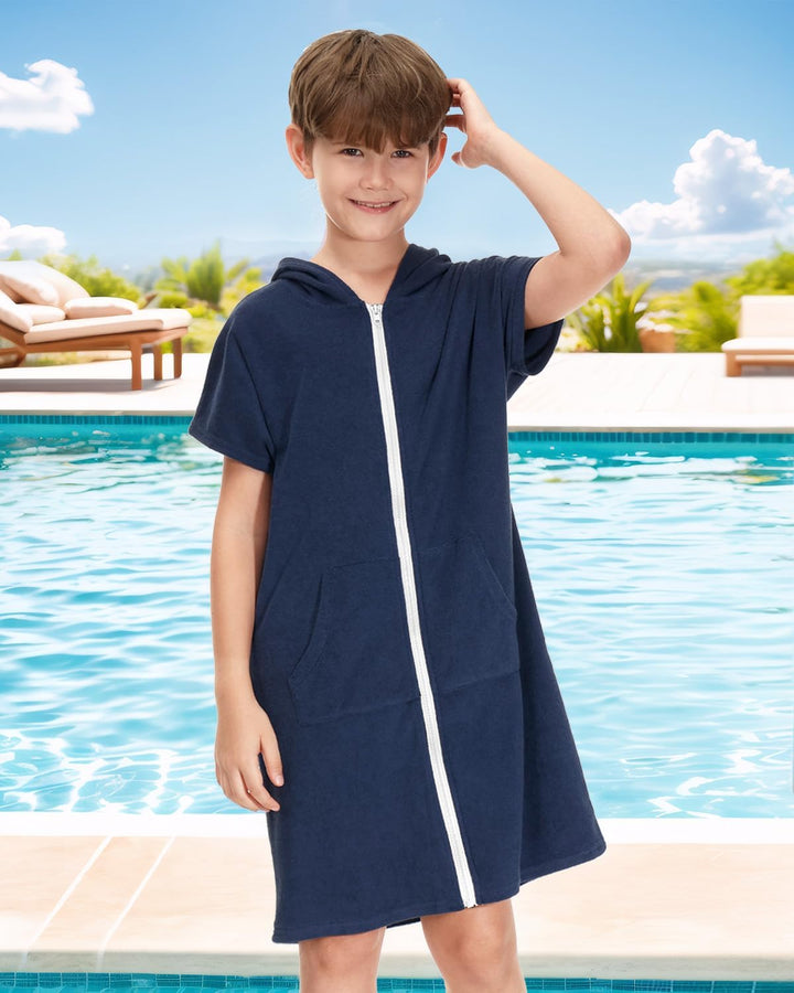 BesserBay Mädchen Badeponcho Kapuze Poncho mit Taschen Zip Cover Up Kinder Unisex 120-160 130 Navy,
