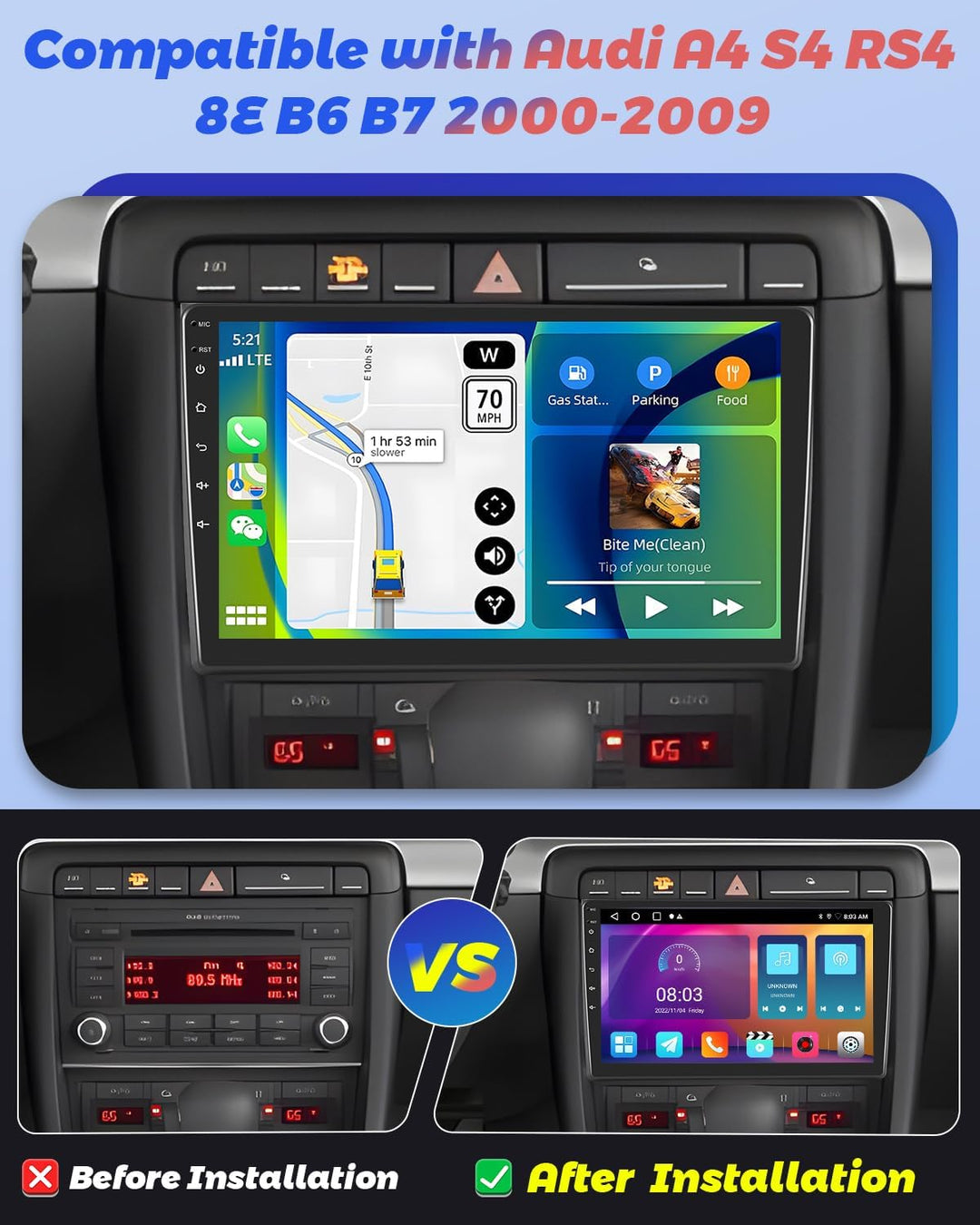 Hikity [2+64GB] Android 15 Autoradio für Audi A4 S4 RS4 8E B6 B7 (2000-2009) Radio Wireless Carplay
