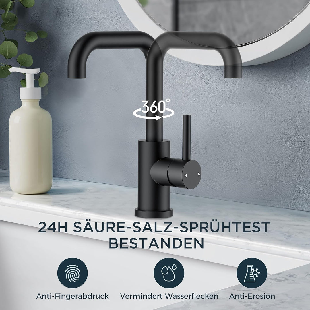 FORIOUS Wasserhahn Bad Schwarz 360° Drehbar, Waschtischarmatur Schwarz Hoch Warm/Kaltwasser Edelstah